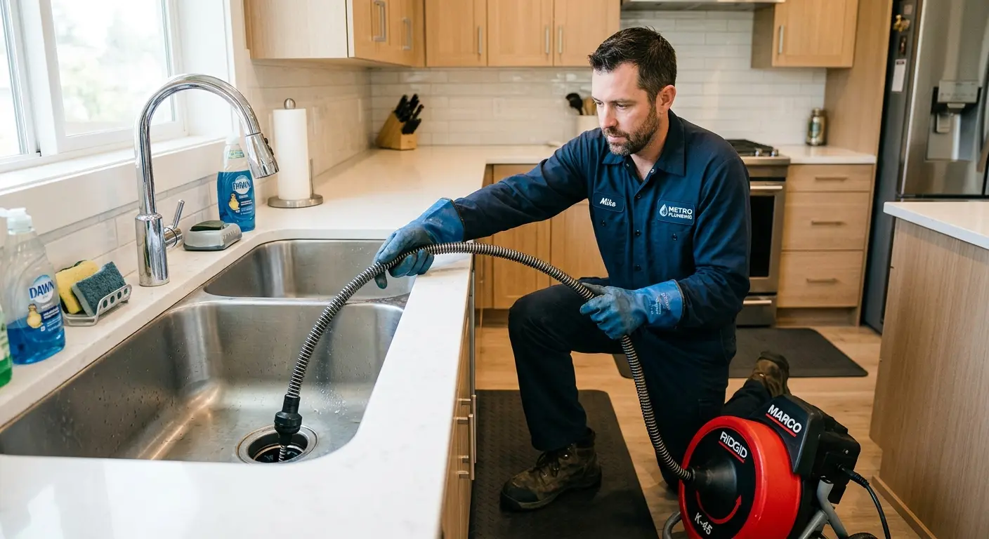 Drain cleaning technician using a motorized snake on a kitchen sink in Hanover