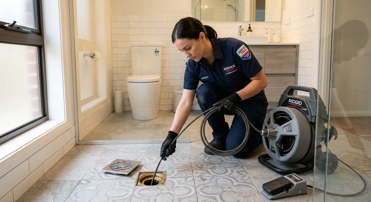 Technician clearing a bathroom floor drain for Sewer Line Replacement in Hanover